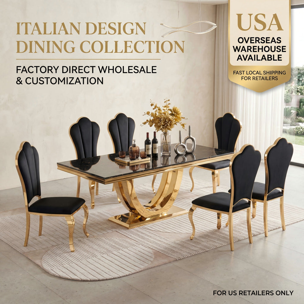 Modern  Dining Table with  Marble Top & 201 Stainless Steel U-Base, Luxury 6-8 Seater Kitchen Table, Gold/Silver Mirror Finish