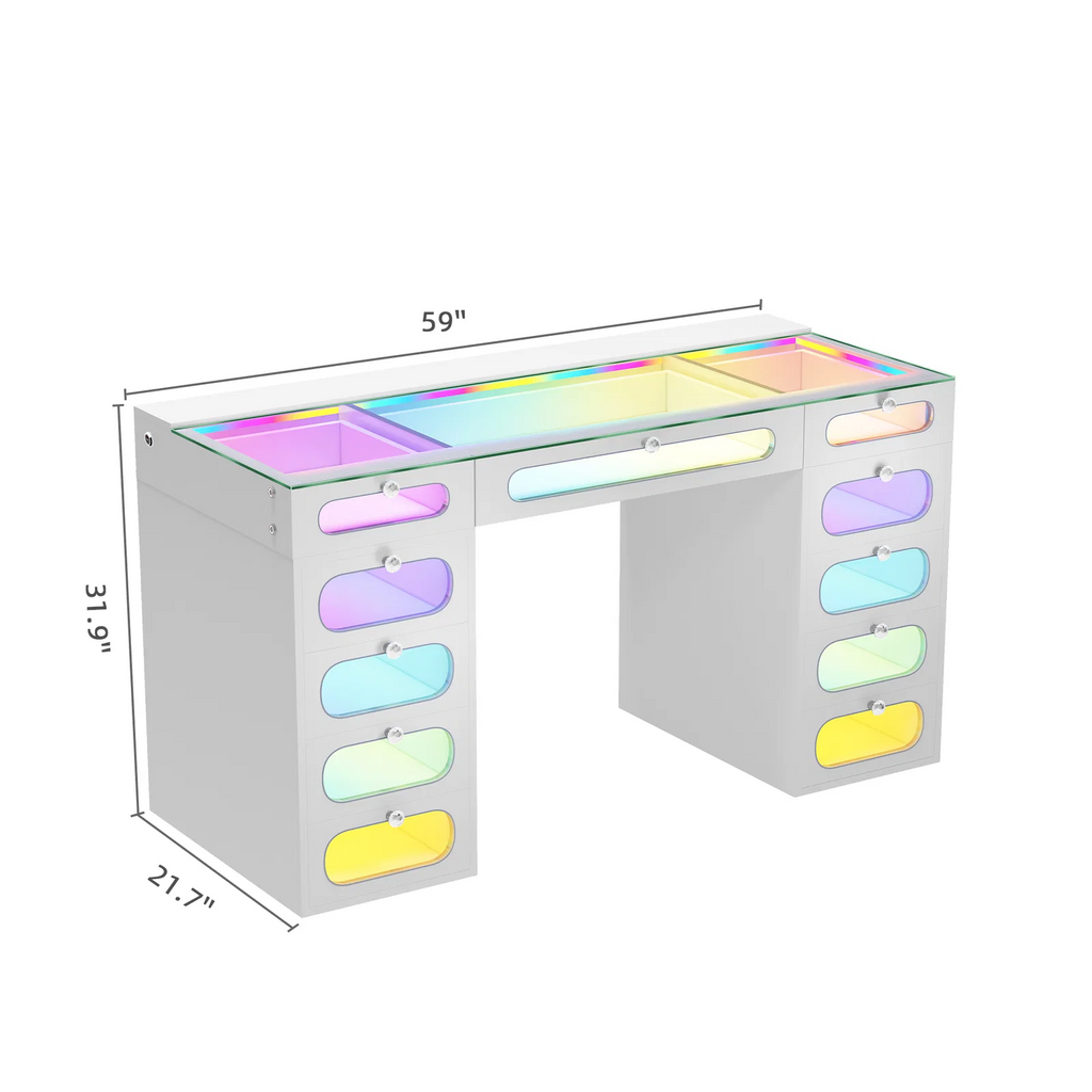 VANITII Priscilla Vanity Desk-11 Glass Fronted Drawers with Crystal Handles