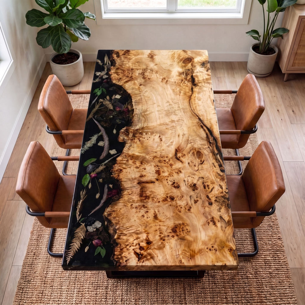 Poplar Black Epoxy Rectangular Dining Table（Tabletop only, legs not included）