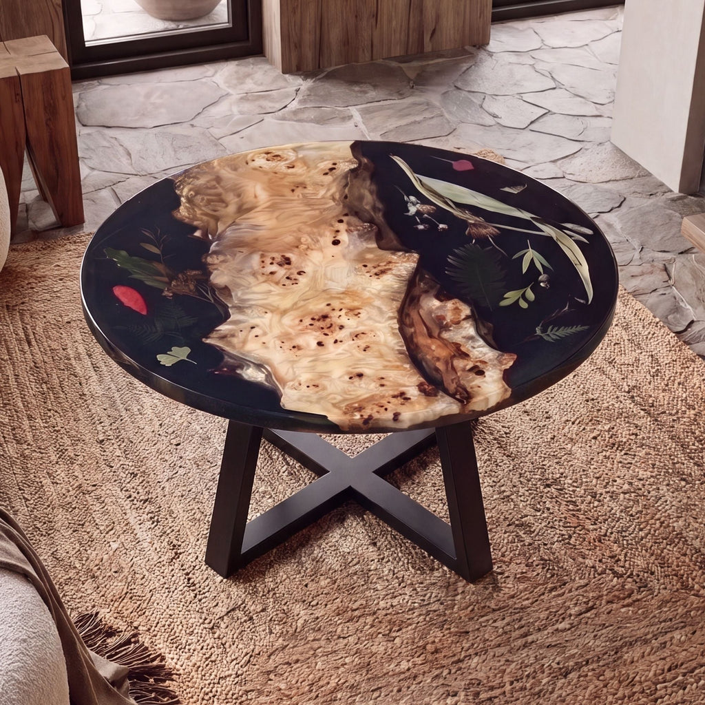 Poplar Black Epoxy with Floral Round Coffee Table-PLFY03（Tabletop only, legs not included）