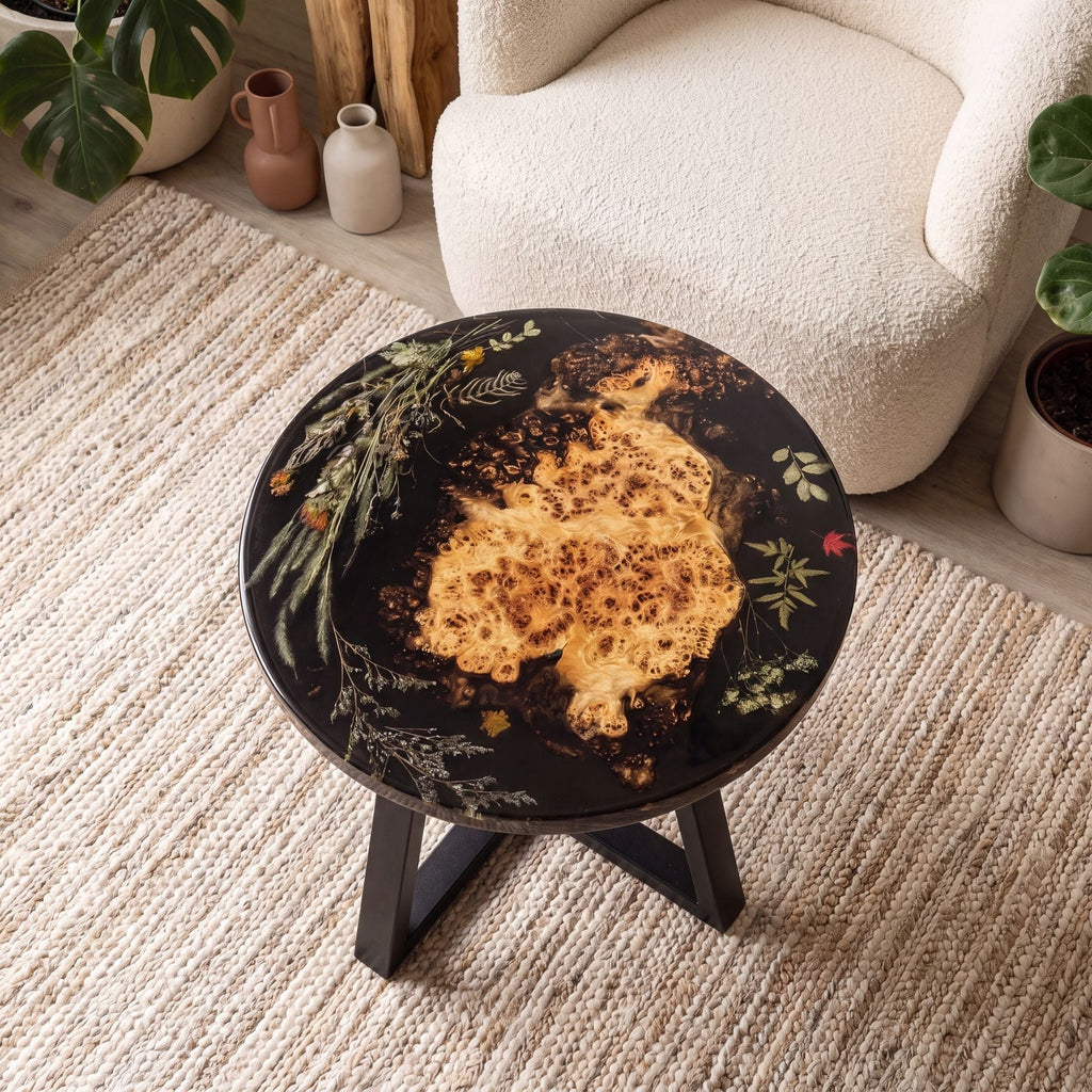 Poplar Black Epoxy with Floral Round Coffee Table-PLFY02（Tabletop only, legs not included）