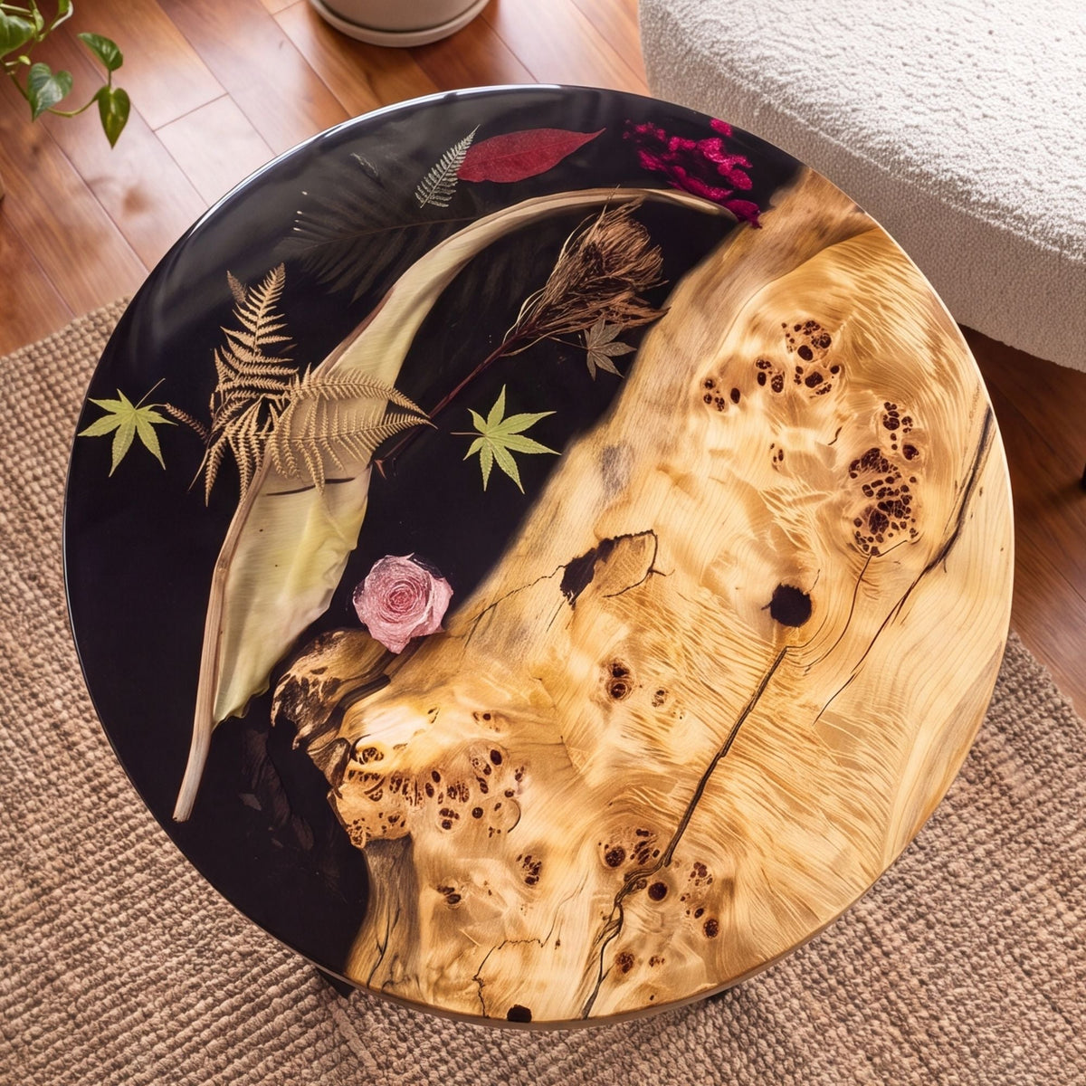 Poplar Black Epoxy with Floral Round Coffee Table-PLFY01（Tabletop only, legs not included）
