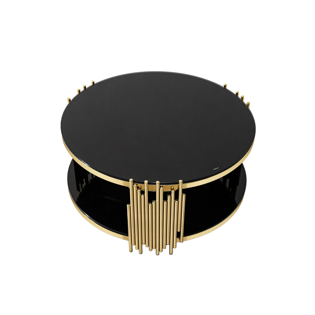 2-Tier Gold Stainless Steel Coffee Table with Black Tempered Glass Top,  Storage for Living Room