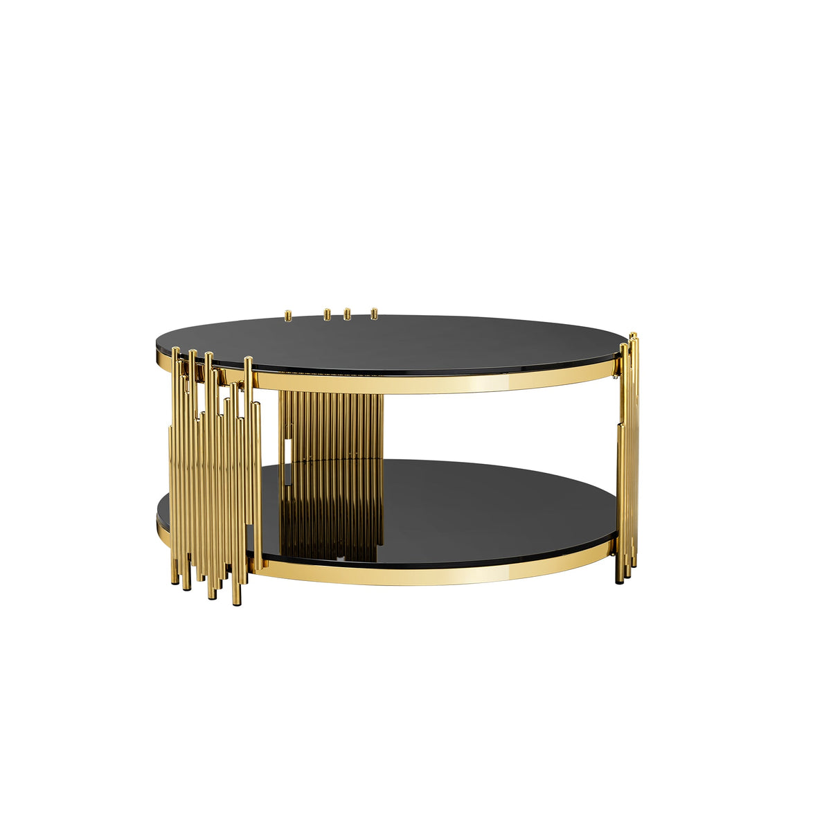 2-Tier Gold Stainless Steel Coffee Table with Black Tempered Glass Top,  Storage for Living Room