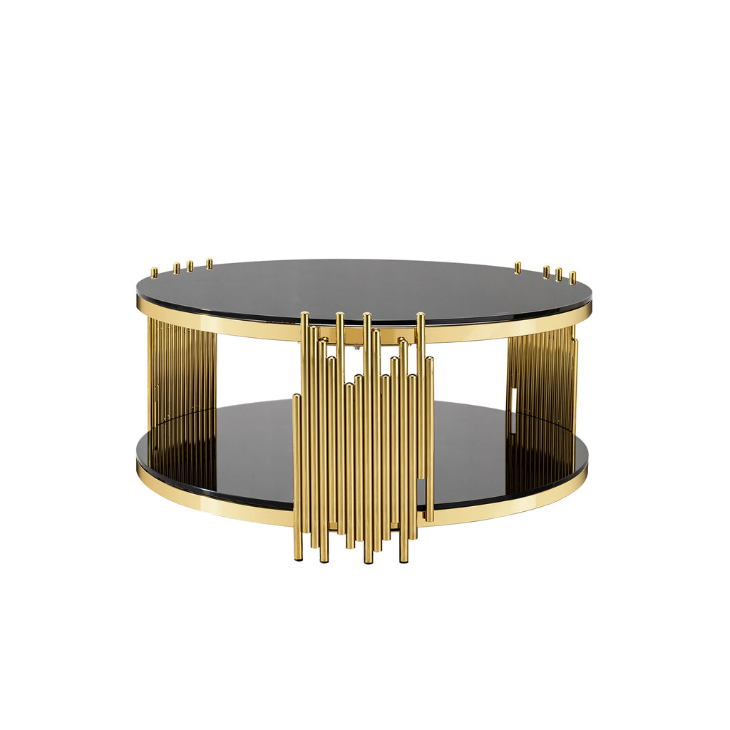 2-Tier Gold Stainless Steel Coffee Table with Black Tempered Glass Top,  Storage for Living Room