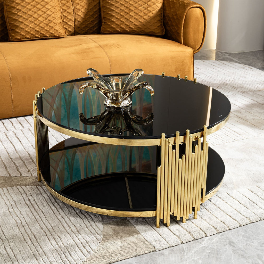 2-Tier Gold Stainless Steel Coffee Table with Black Tempered Glass Top,  Storage for Living Room