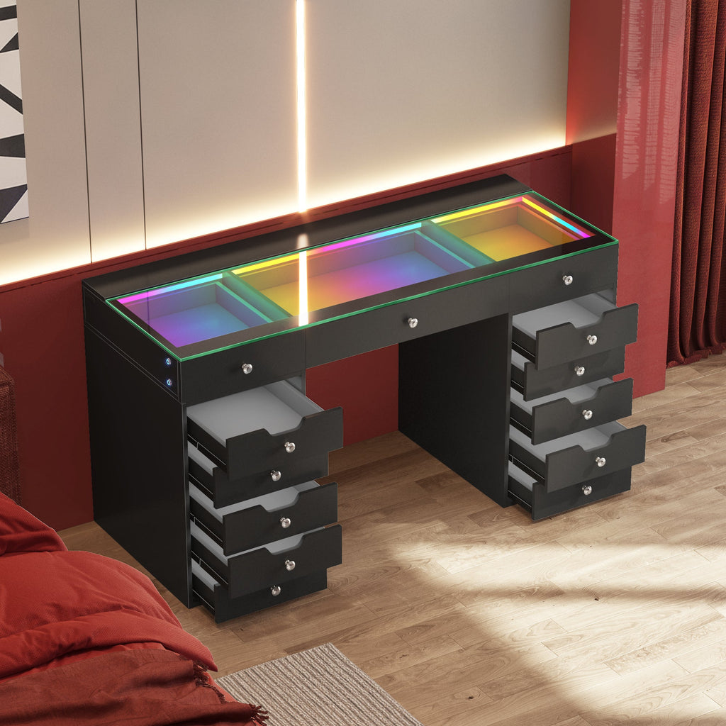 Vanitii Eva vanity desk in black with thirteen drawers and RGB glass top