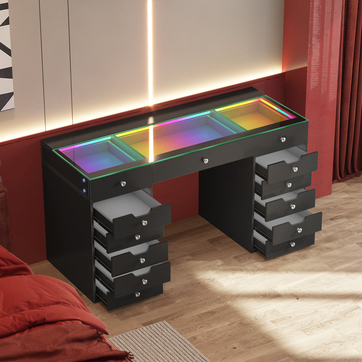 Vanitii Eva vanity desk in black with thirteen drawers and RGB glass top