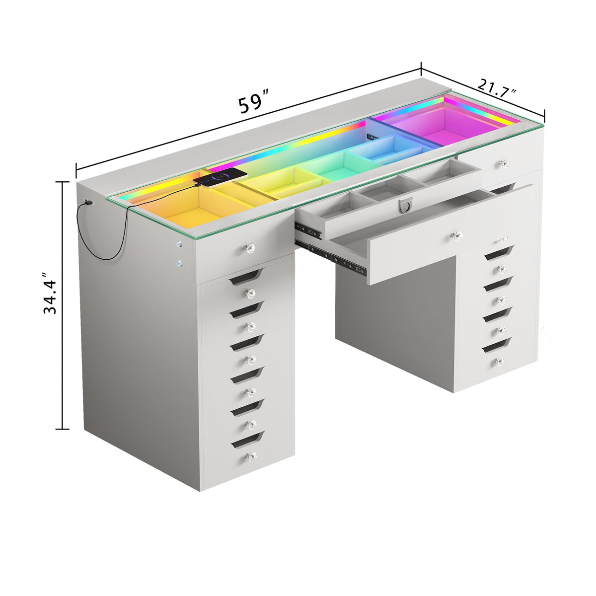 Vanitii Lisa Vanity Desk Pro with dimensions showing glass top storage and multiple drawers
