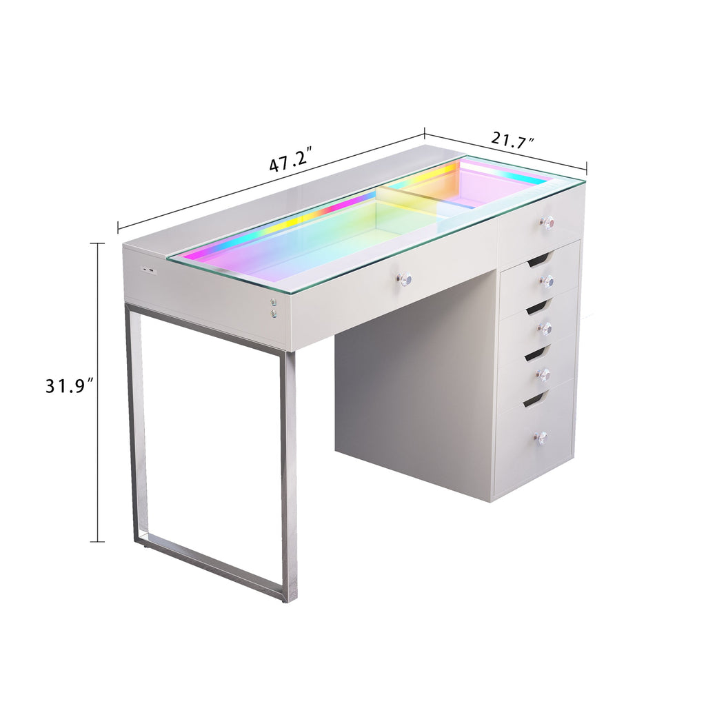 VANITII Diana RGB vanity desk with 6 storage drawers and dimensions labeled in inches