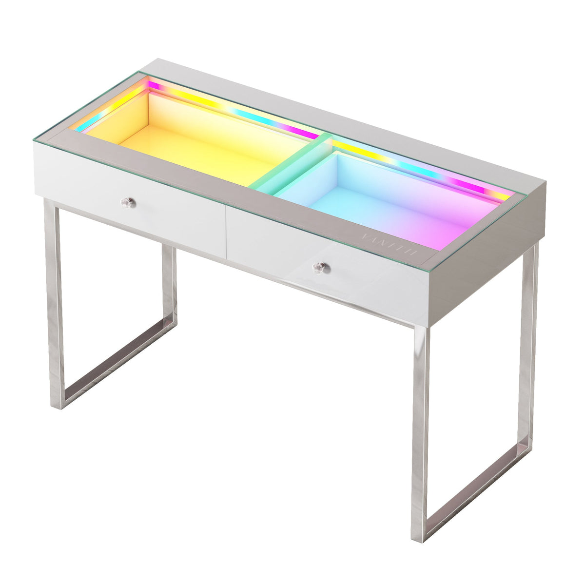 Vanitii Alice RGB vanity desk with glass top and two storage drawers on silver metal legs