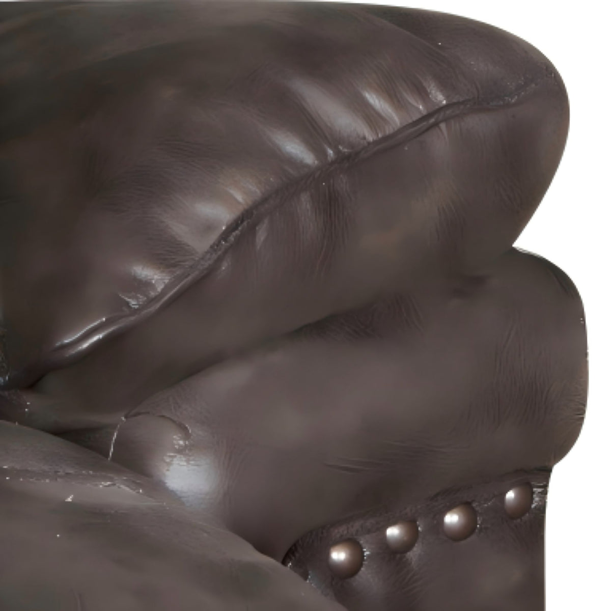Close-up of a brown leather armchair with studded details on a white background