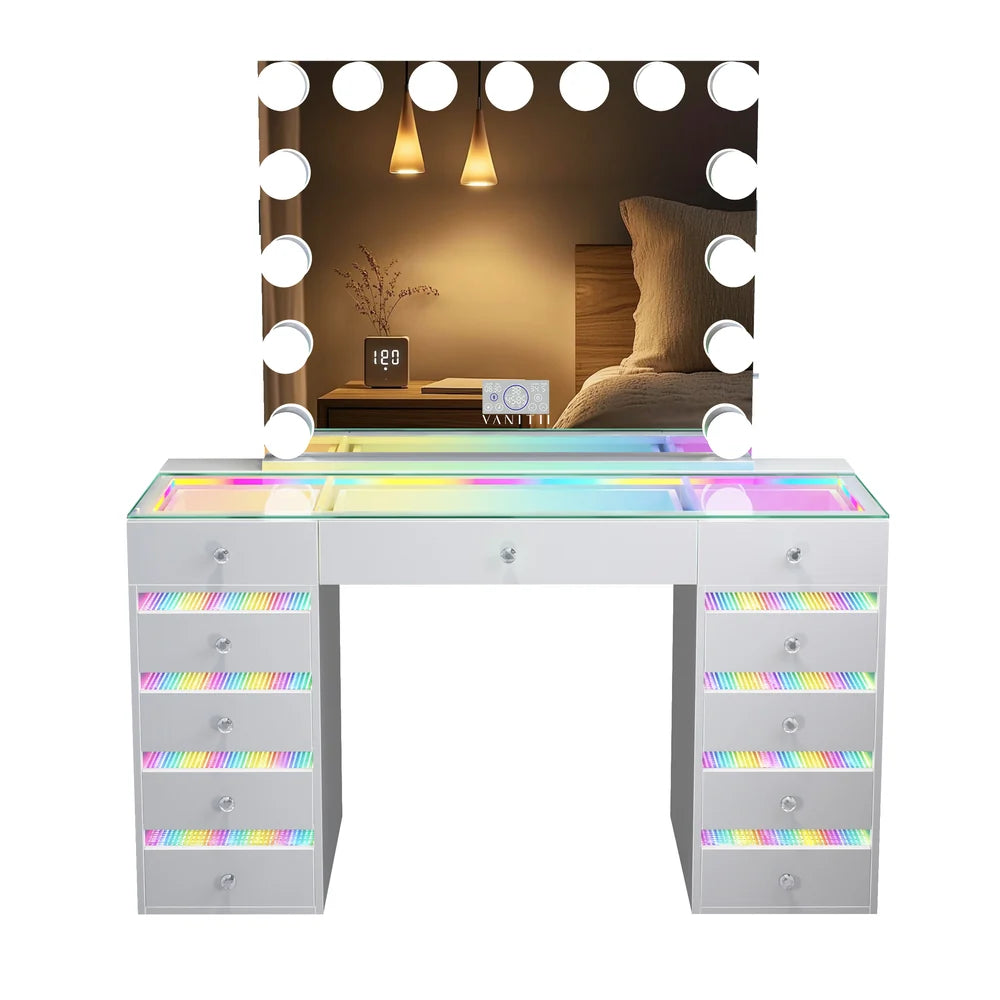 Makeup vanity with mirror and colorful lights on a white background