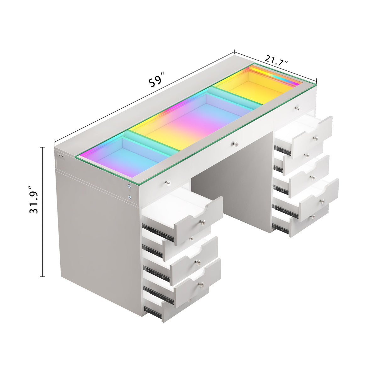 Vanitii Eva vanity desk with 13 open drawers and RGB glass top showing dimensions 59 inches by 21.7 inches by 31.9 inches