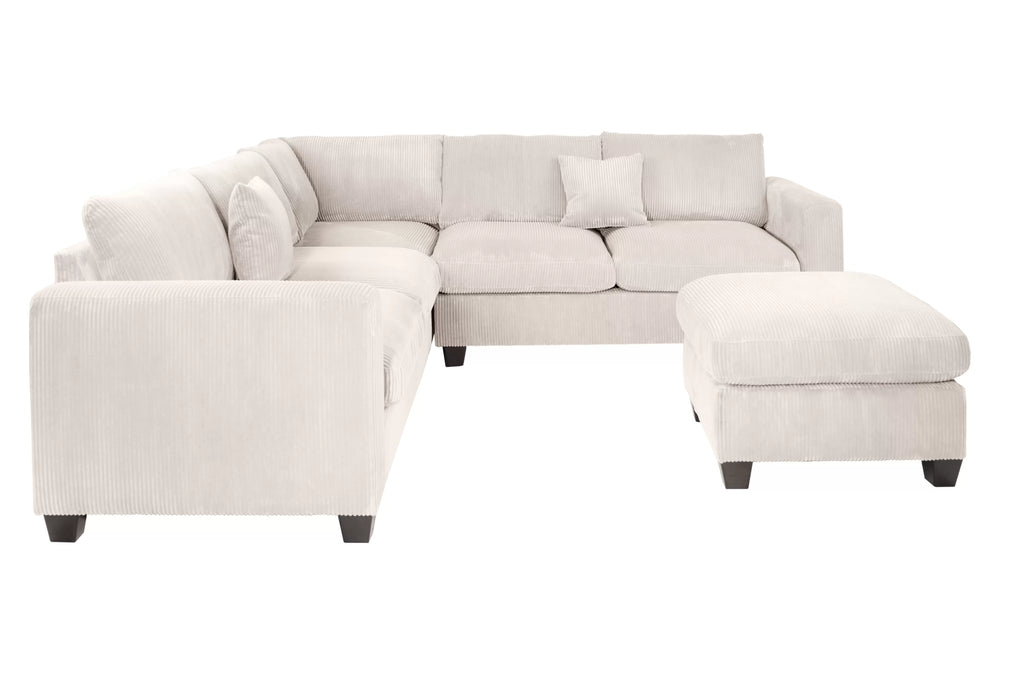 Beige sectional sofa with ottoman on a white background