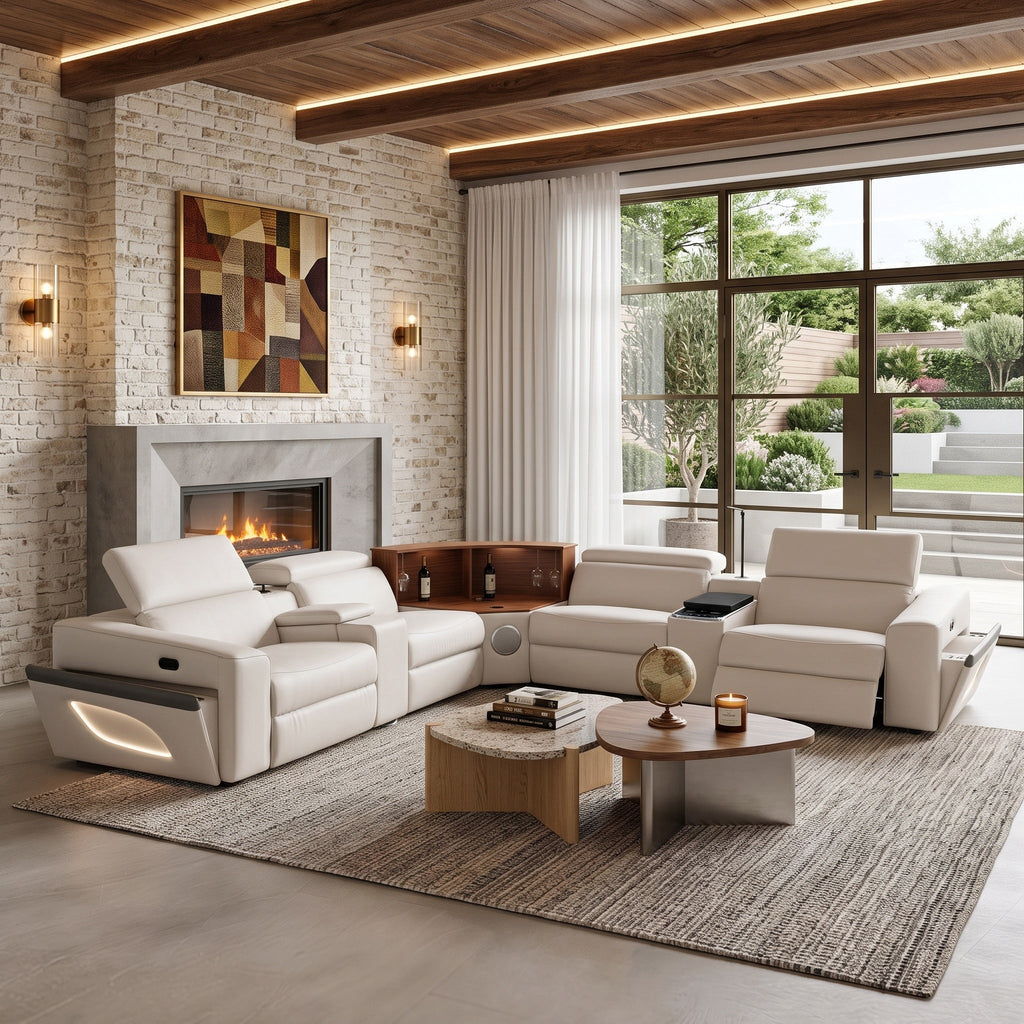 Air Leather Power Reclining Sectional Sofa with Recliner in Beige (MC3028A)