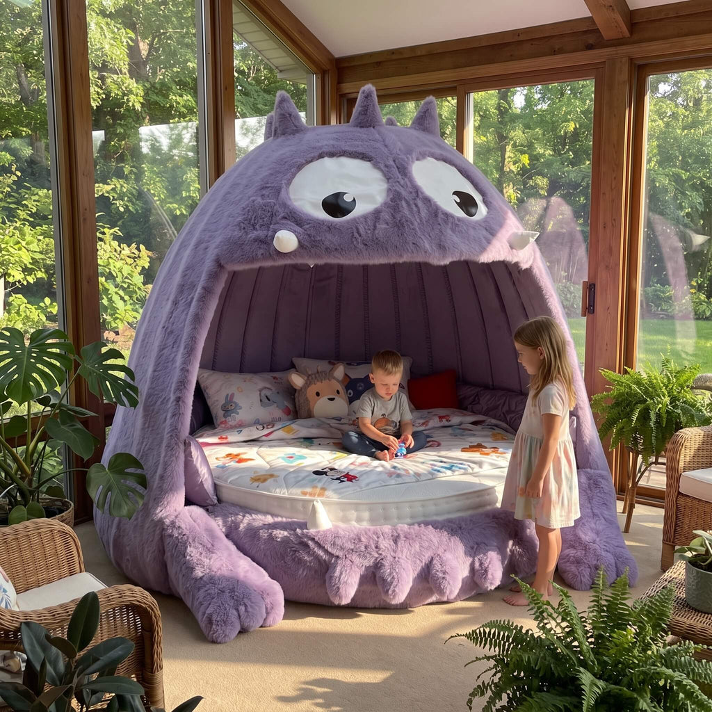 A children's bed styled like a giant purple monster face, set inside a sunroom with large windows and plants. Two children are playing inside the bed, and one girl stands outside on the floor nearby.