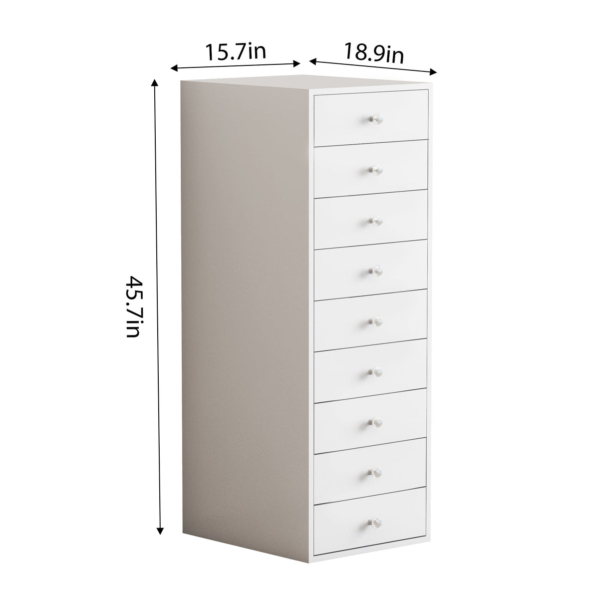 Vanitii 9-drawer makeup vanity storage unit with dimensions 15.7 inches deep 18.9 inches wide and 45.7 inches high