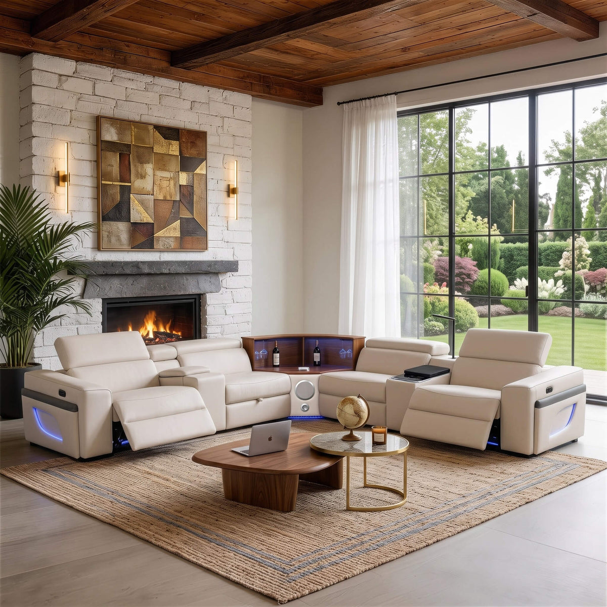 Air Leather Power Reclining Sectional Sofa with Recliner in Beige (MC3028A)