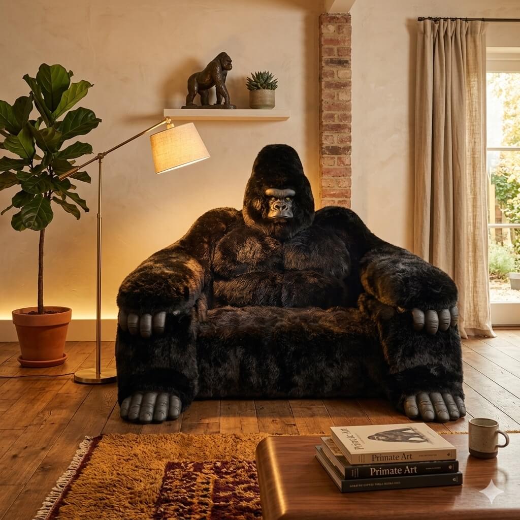 A gorilla-shaped armchair in a cozy living room setting with a wooden floor, a potted fiddle-leaf fig plant, a floor lamp, and a coffee table with books and a mug.