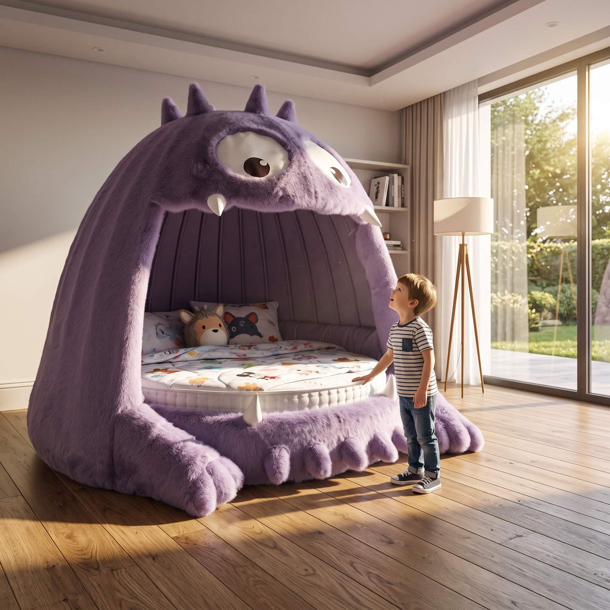 A child stands beside a large plush monster-shaped bed in a bright room with wood floors and tall windows. The bed is purple with a monster face, large white eyes, and small white teeth, and the interior shows a mattress and colorful pillows.