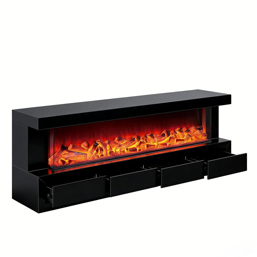 Black electric fireplace with glowing embers on a white background