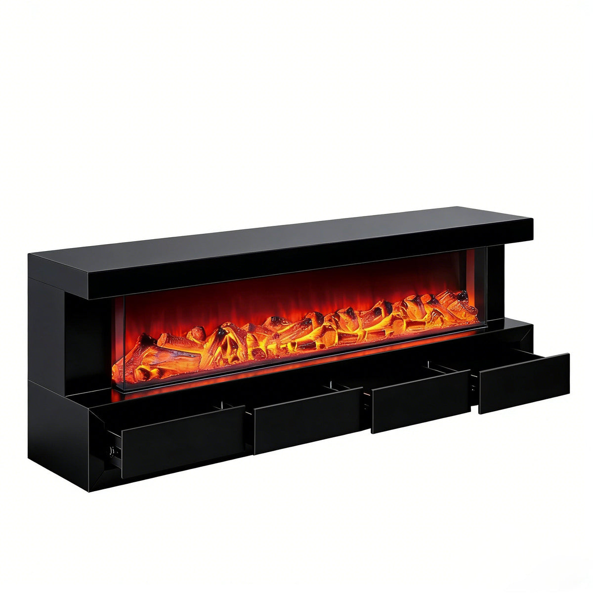 Black electric fireplace with glowing embers on a white background