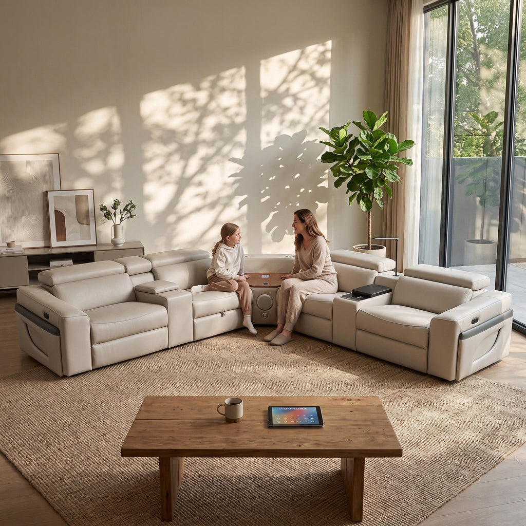 Air Leather Power Reclining Sectional Sofa with Recliner in Beige (MC3028A)