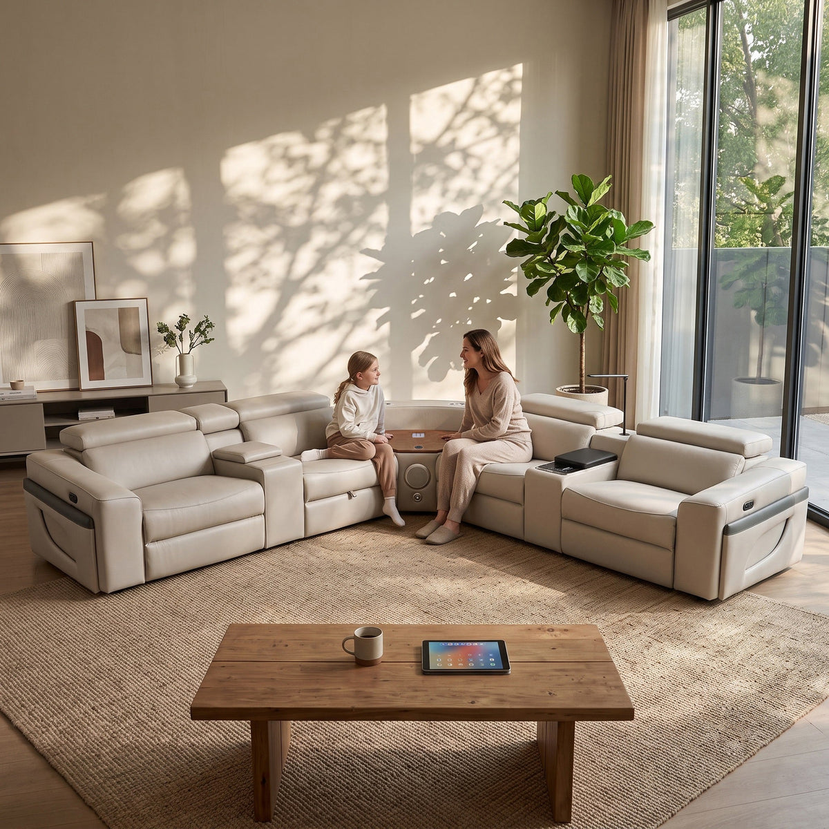 Air Leather Power Reclining Sectional Sofa with Recliner in Beige (MC3028A)