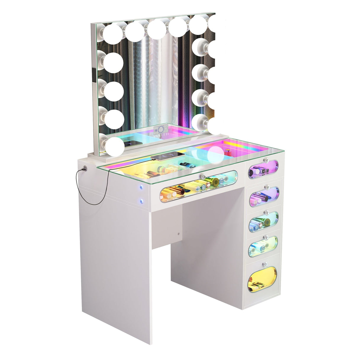 VANITII 6 Glass Fronted Drawers Vanity Desk with Marilyn Vanity Mirror