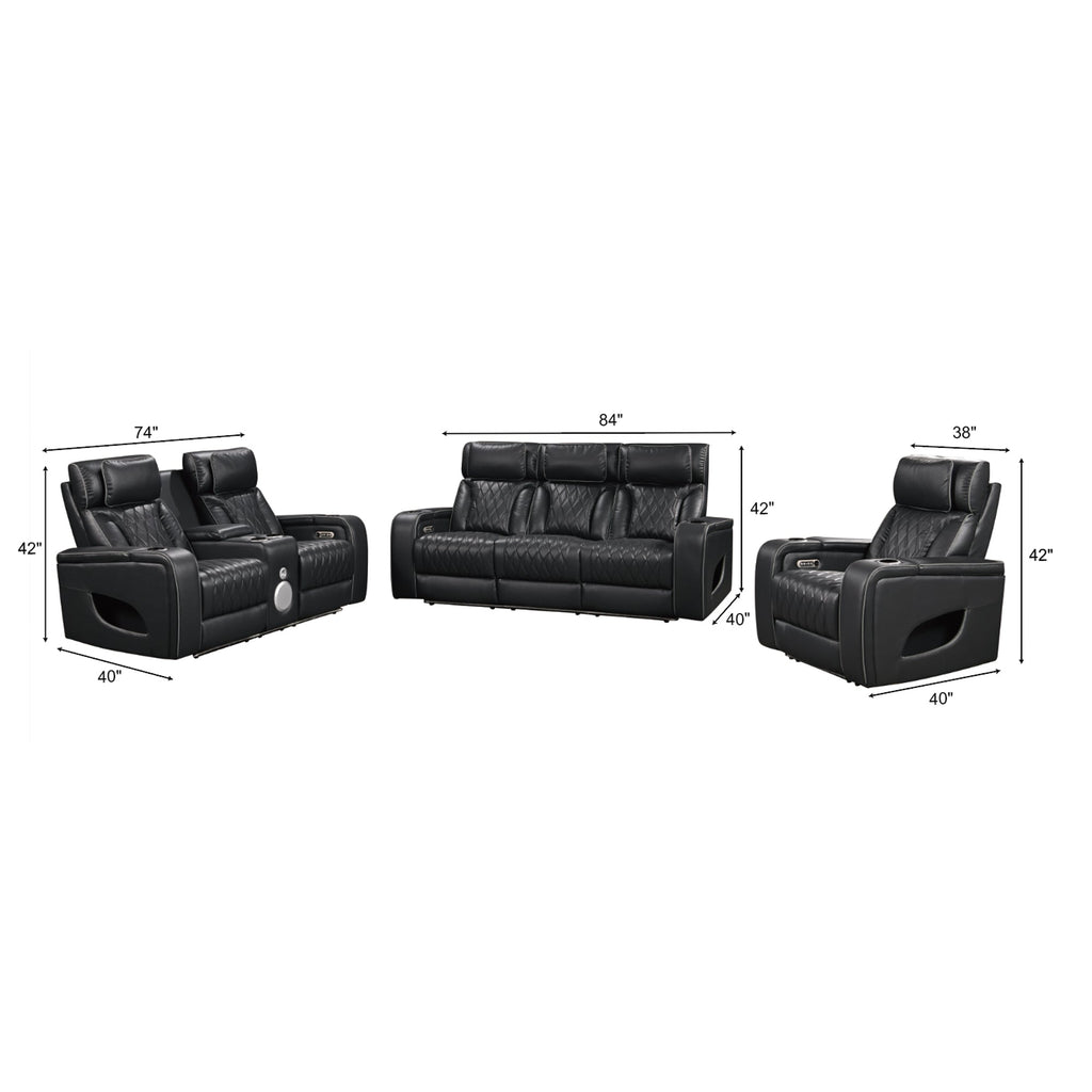 Black couches with dimensions on a white background