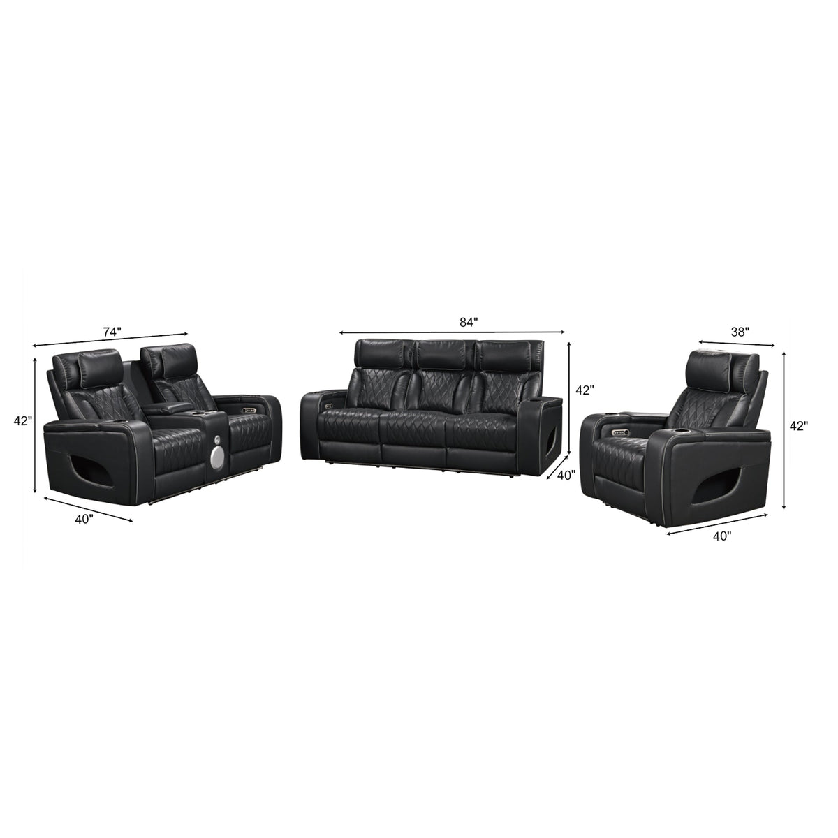 Black couches with dimensions on a white background