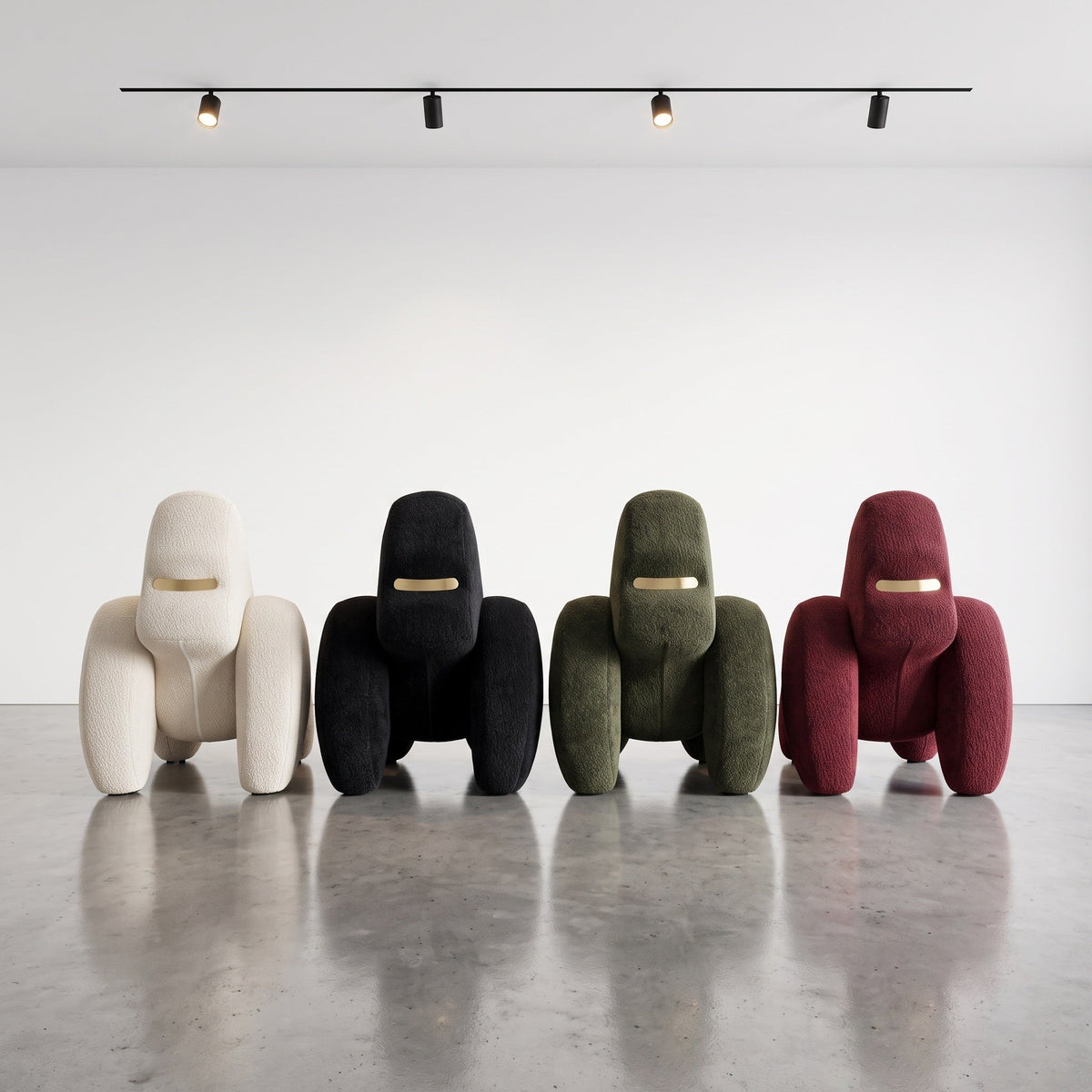 Four unique chairs in different colors arranged in a row on a reflective floor.