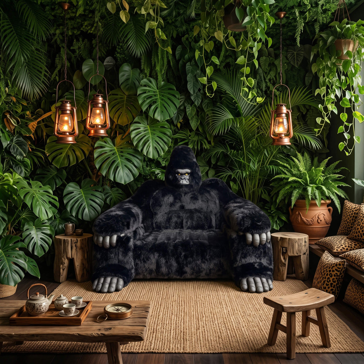 A plush gorilla-shaped armchair sits in a lush jungle-themed room with hanging lanterns, dense green foliage, a woven rug, and wooden furniture.