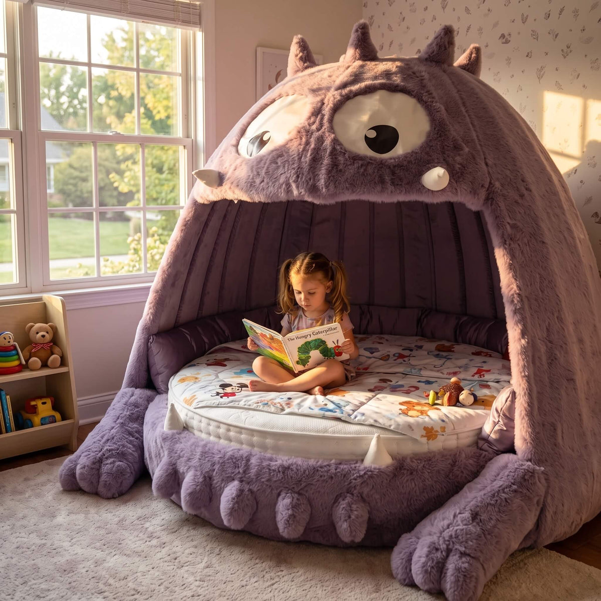 A young girl sits on a plush monster bed in a child's bedroom. The bed is shaped like a large purple monster head with oversized eyes, small horns, and clawed feet, and the child is reading a book on a patterned quilt inside.