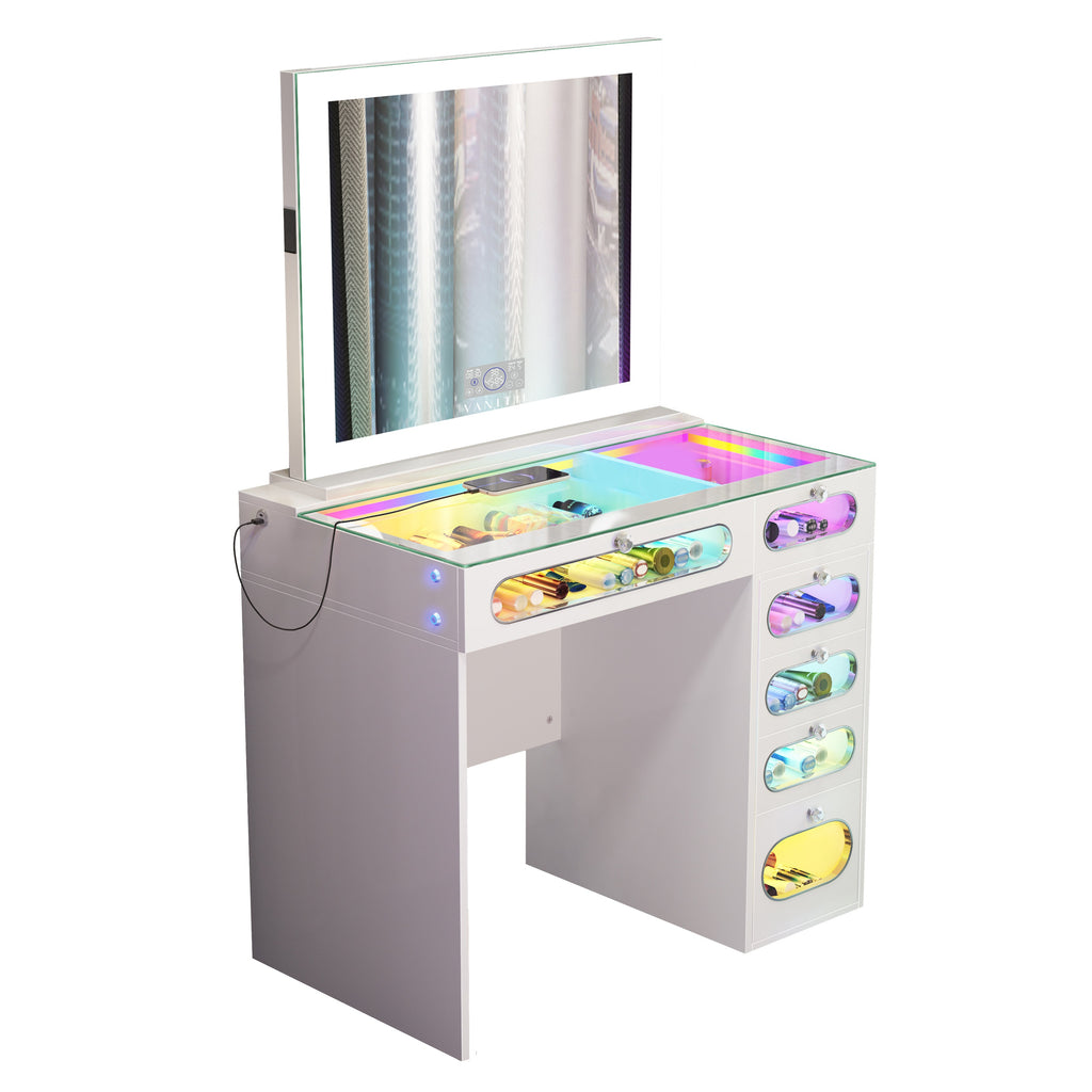 VANITII 6 Glass Fronted Drawers Vanity Desk with Marilyn Vanity Mirror
