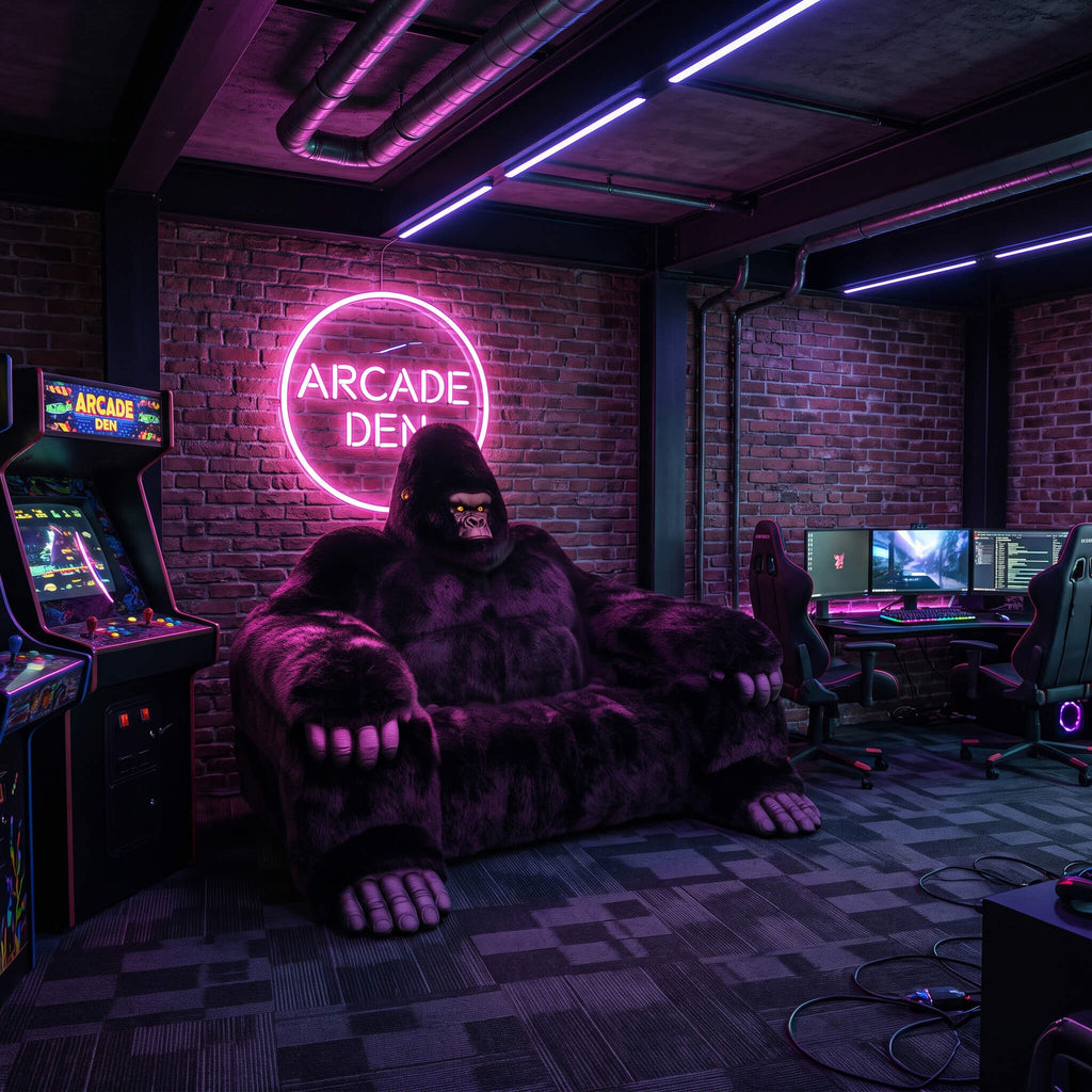 A large plush gorilla armchair in dark purple and black faux fur sits in a neon-lit gaming room with a pink 'ARCADE DEN' sign on a brick wall, arcade machines, and computer setups.