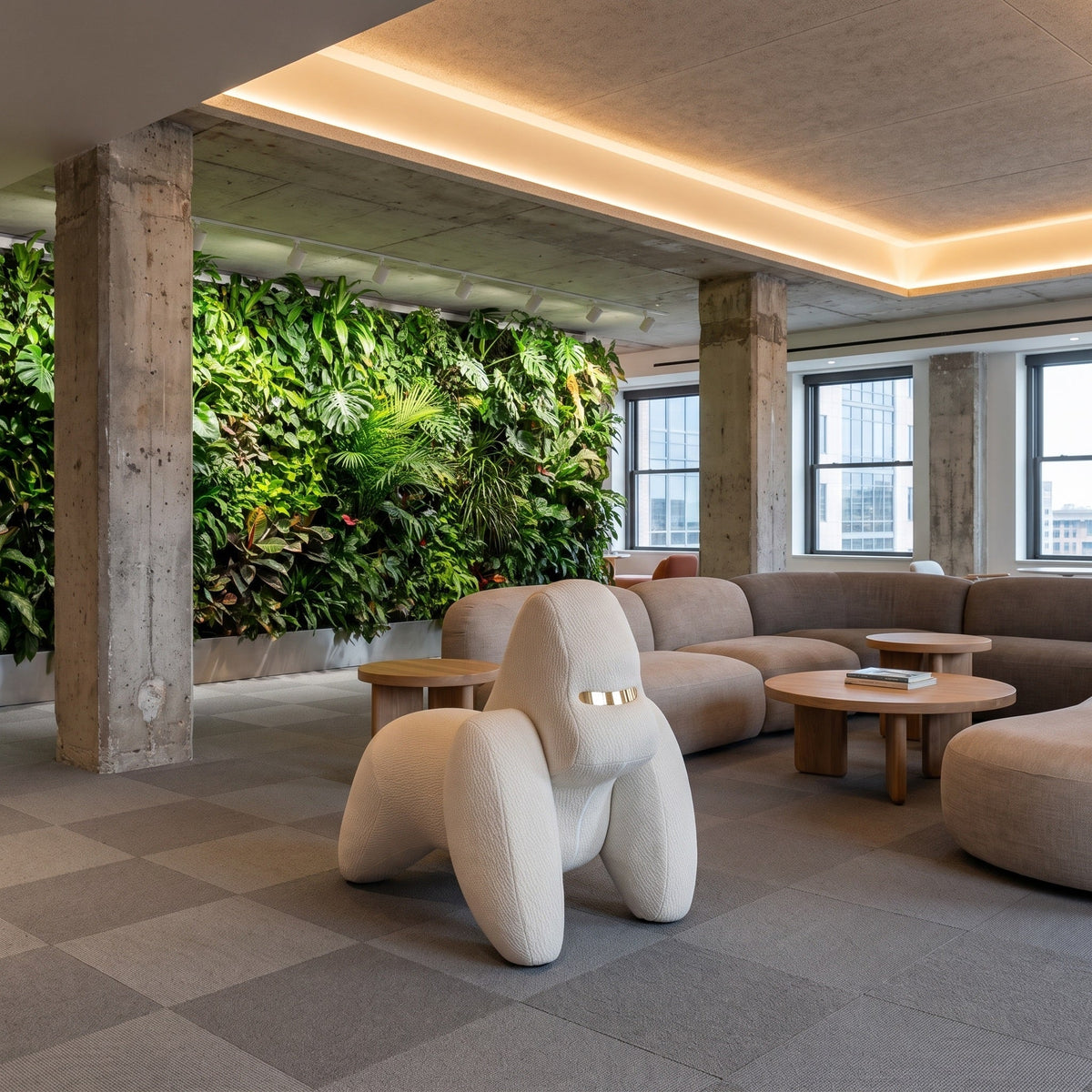 Modern interior with a living wall, beige furniture, and large windows.