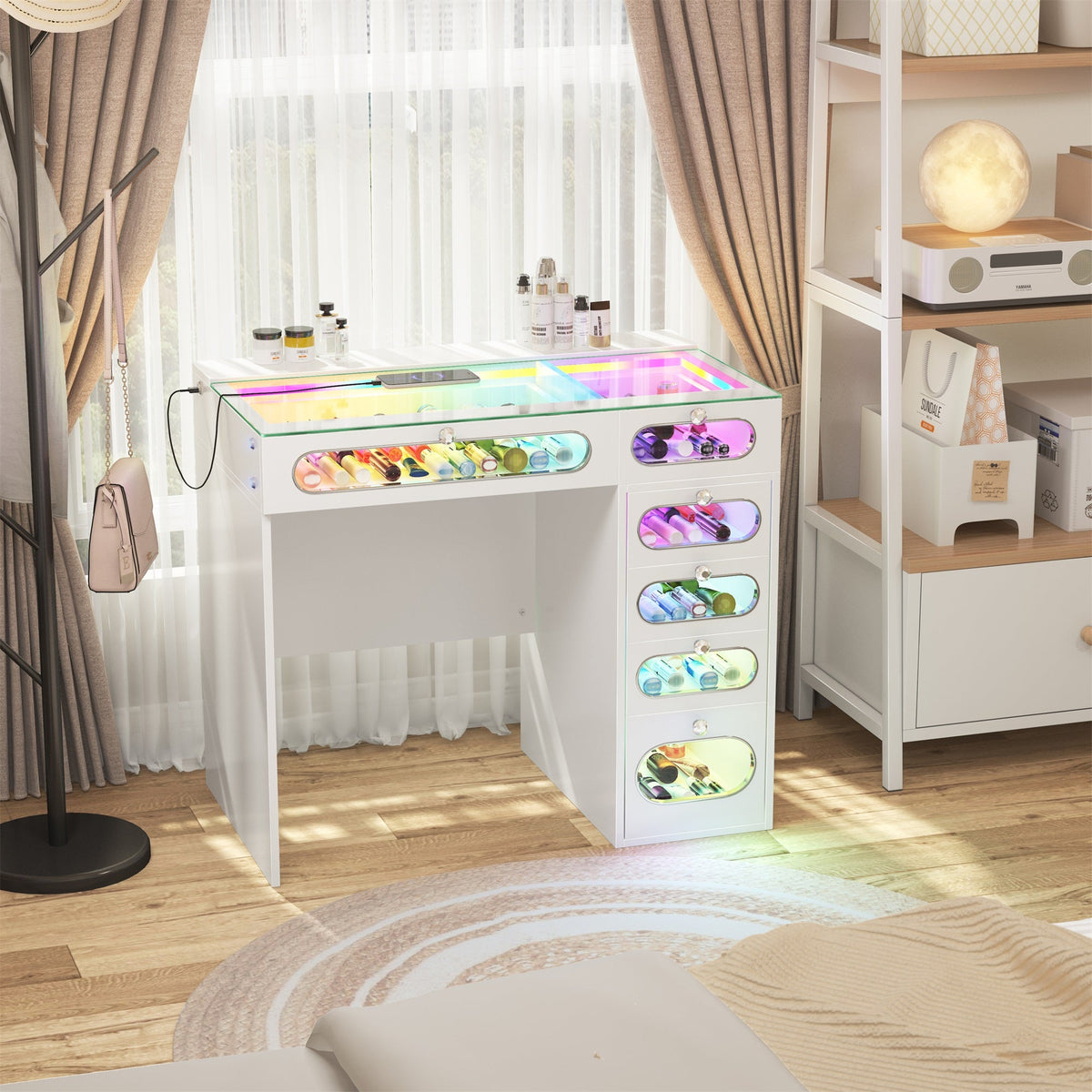 VANITII 6 Glass Fronted Drawers Vanity Desk