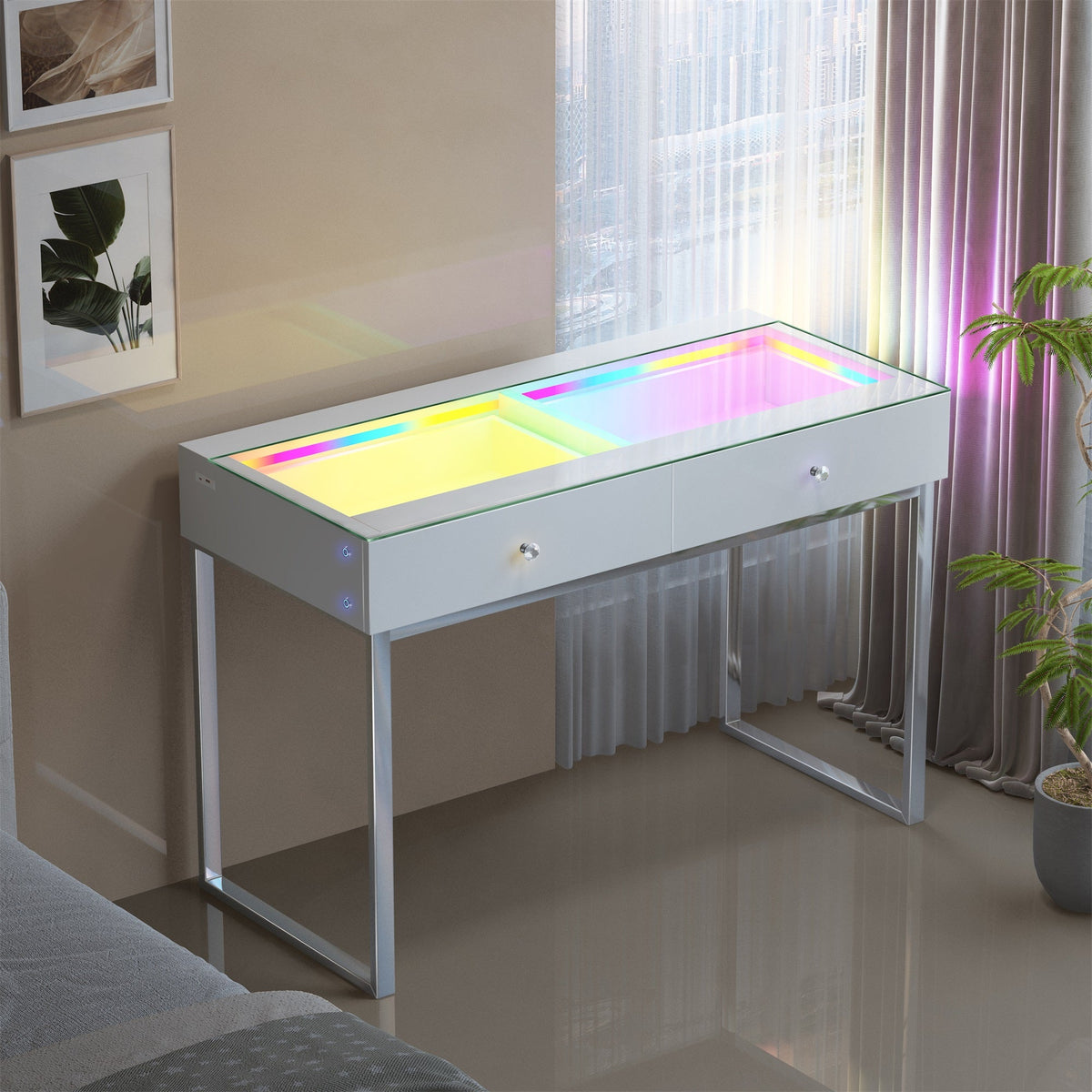 Vanitii Alice RGB vanity desk with glass top and two storage drawers