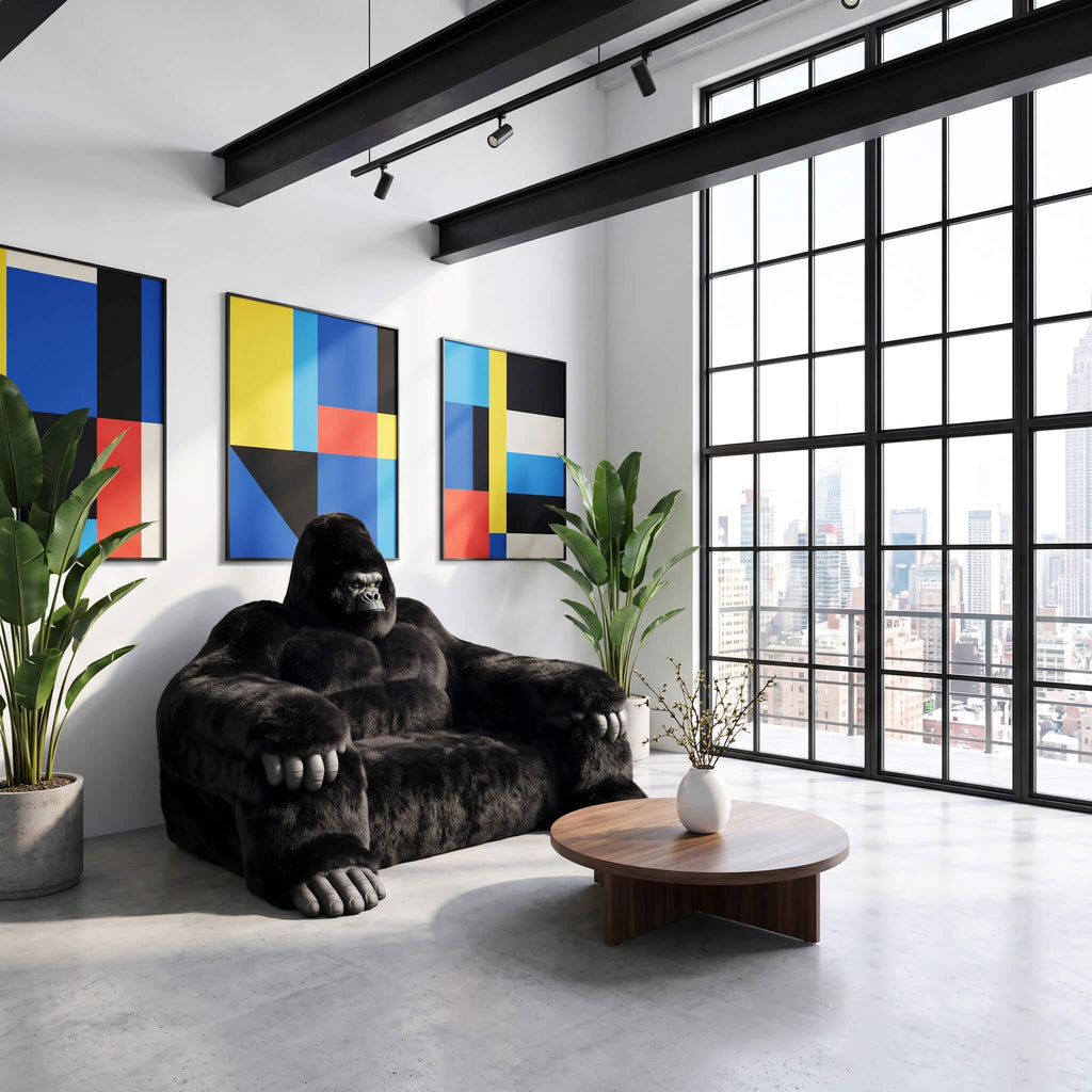 A plush gorilla-shaped armchair in dark faux fur sits in a modern loft-style room with large black-framed windows, colorful abstract wall art, potted plants, and a round wooden coffee table.