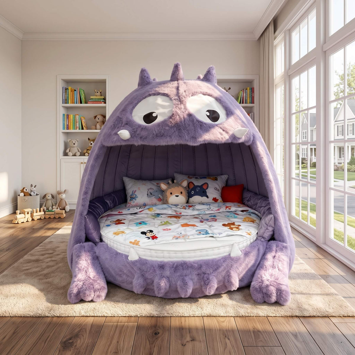 A purple monster-shaped plush bed with a large face and eyes, styled in a child's bedroom with a colorful patterned mattress, pillows, and toys on a wooden floor.