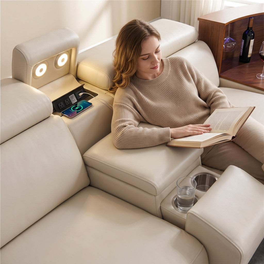 Air Leather Power Reclining Sectional Sofa with Recliner in Beige (MC3028A)