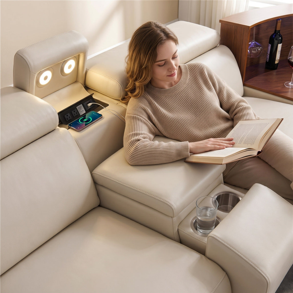 Air Leather Power Reclining Sectional Sofa with Recliner in Beige (MC3028A)