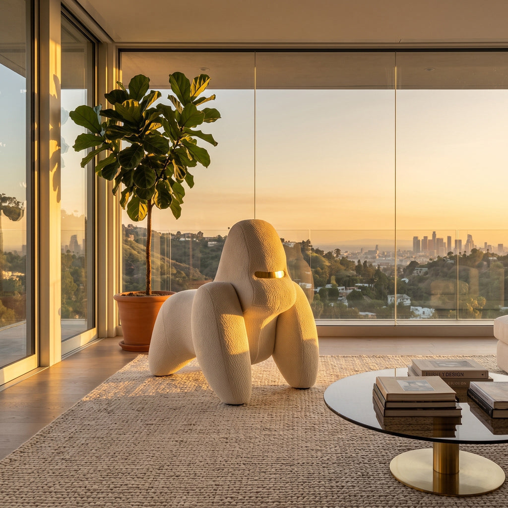 Modern interior with a unique chair, table, and plant in front of large windows with a cityscape view.
