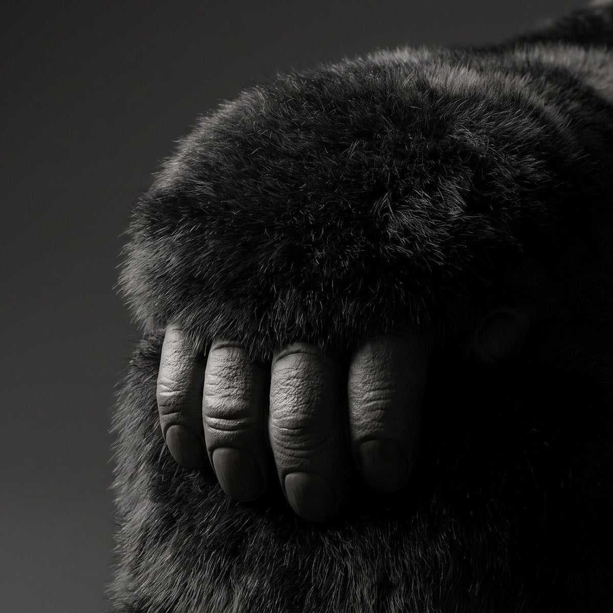 Close-up of a dark furry animal paw with visible claws against a dark gray background.