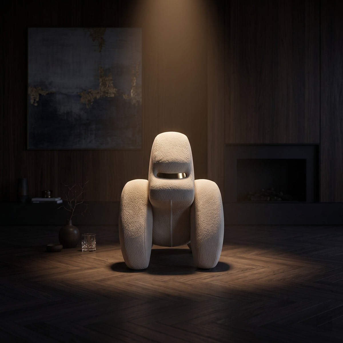 A sculptural, rounded lounge chair upholstered in a textured cream bouclé fabric, set in a dark, moody modern living room under a spotlight.