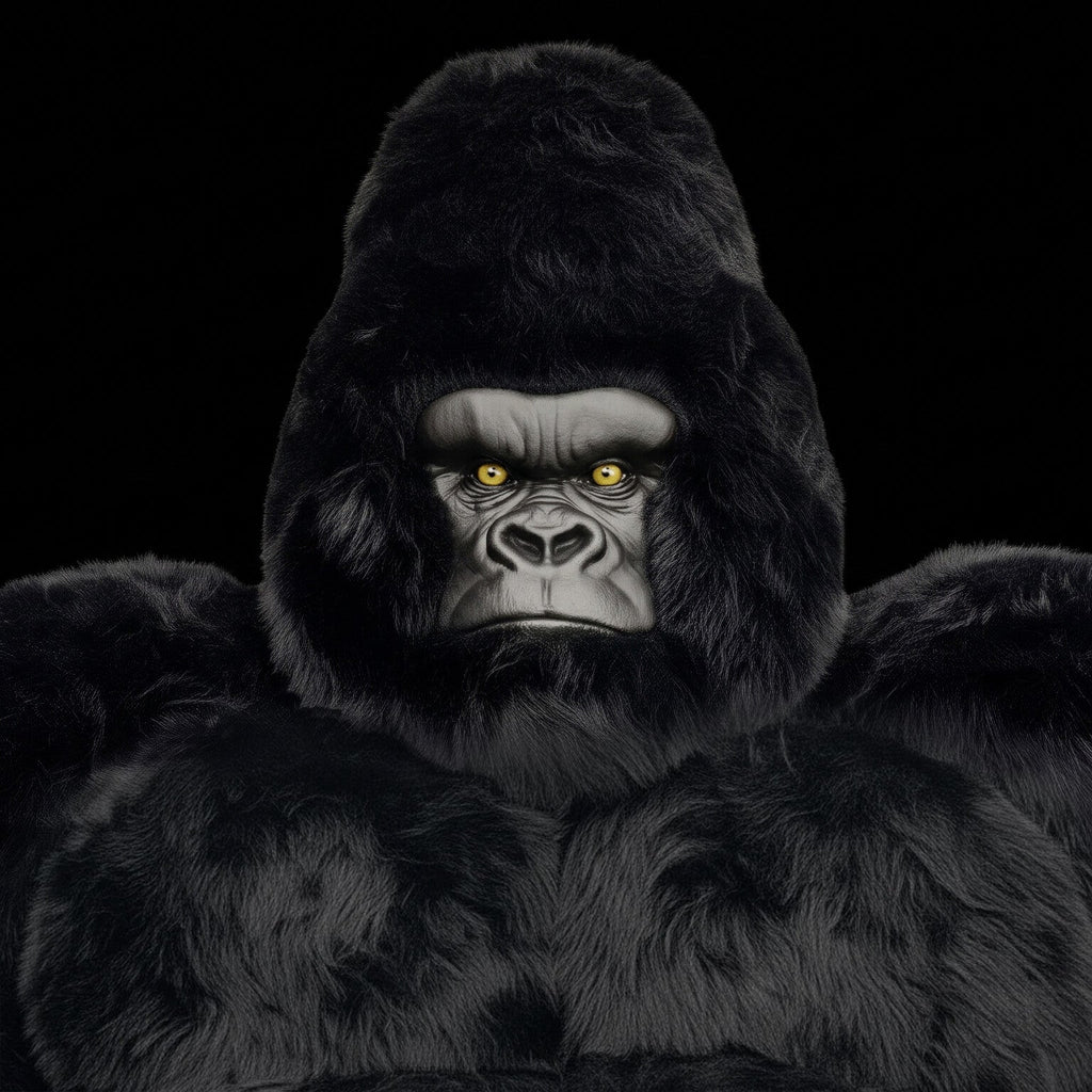 A close-up of a gorilla costume or hooded mask with realistic black fur, a gray face, and glowing yellow eyes, shown against a solid black background.