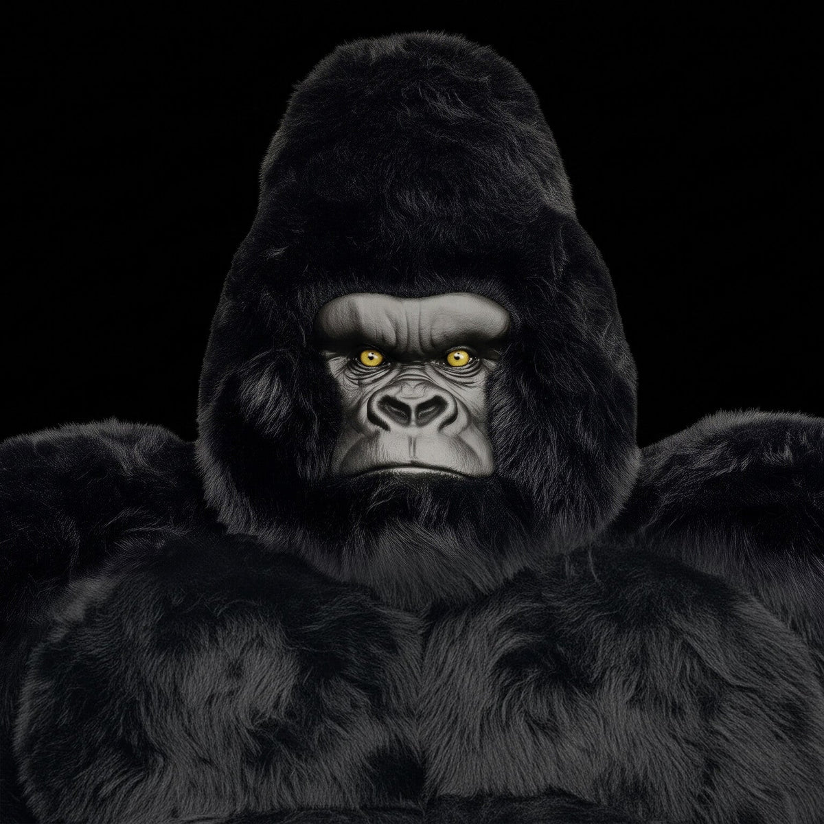 A close-up of a gorilla costume or hooded mask with realistic black fur, a gray face, and glowing yellow eyes, shown against a solid black background.