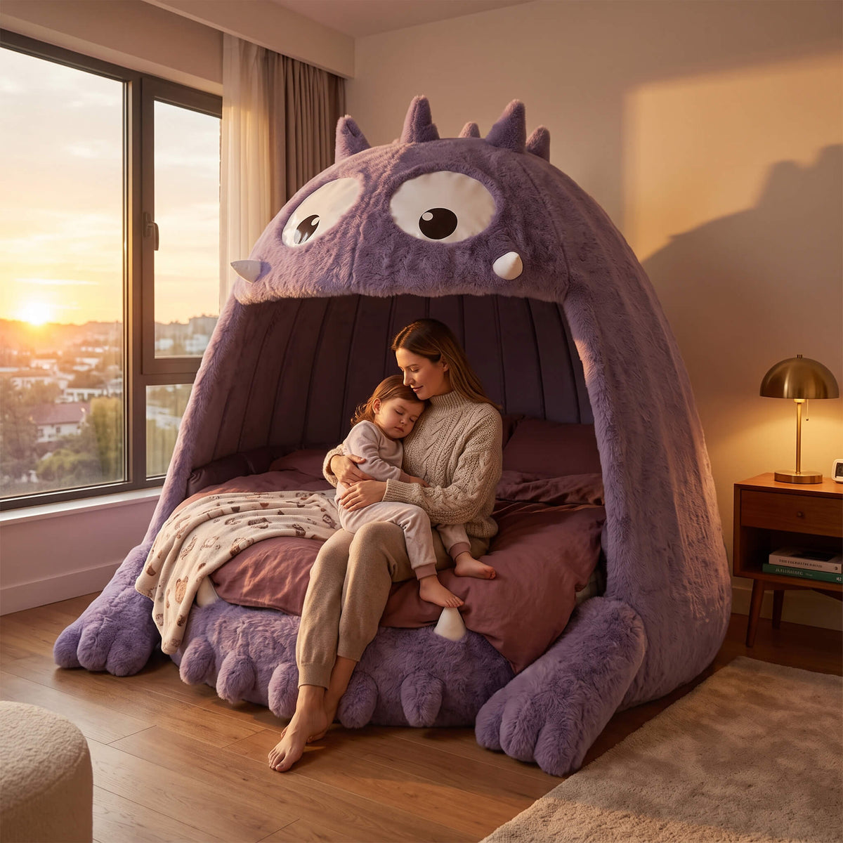 A woman and child sit inside a large plush monster-shaped bed in a warmly lit bedroom. The bed is purple with cartoon eyes and paws, and the room has wood floors, a window with a sunset view, and a bedside lamp.